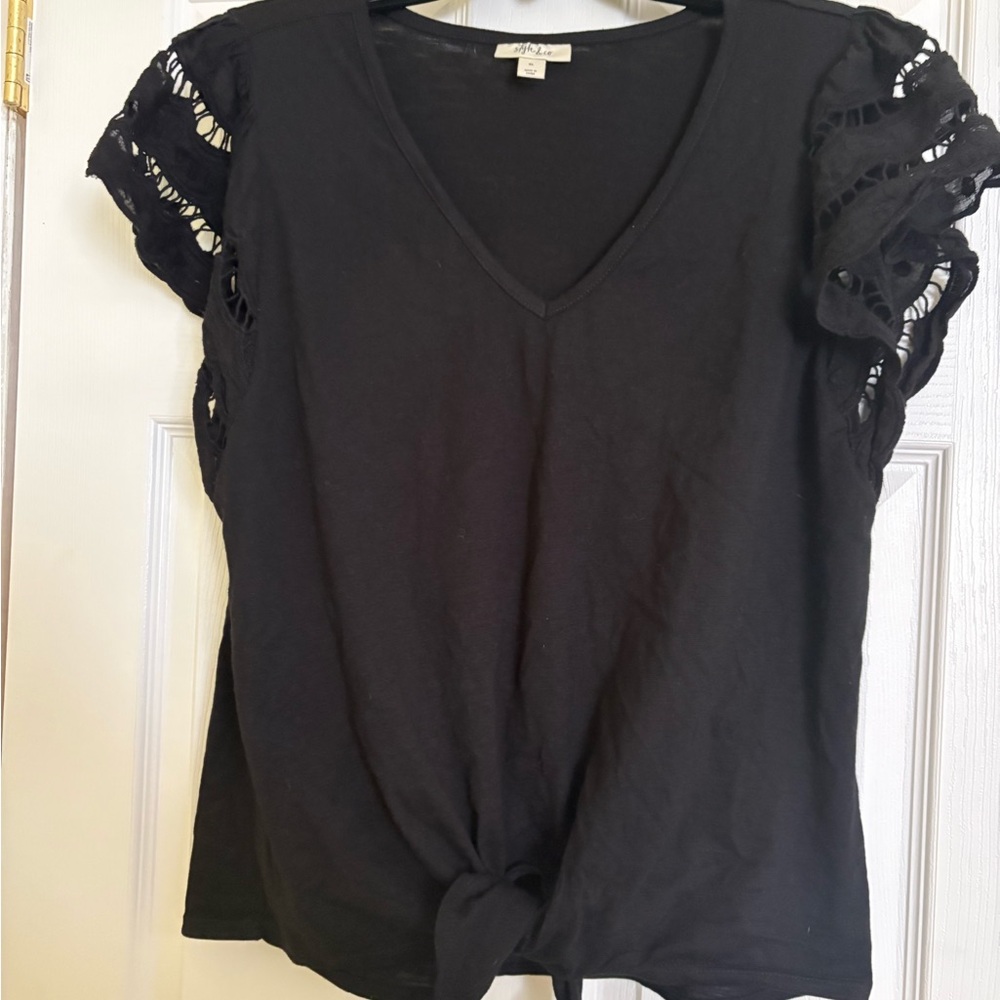 Black V-Neck Top with Lace Sleeves